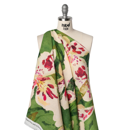 Linen and Rayon Woven - Green, Cream and Magenta Painterly Lilies - Mood Exclusive Petal Poesy Print Drape