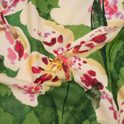 Linen and Rayon Woven - Green, Cream and Magenta Painterly Lilies - Mood Exclusive Petal Poesy Print