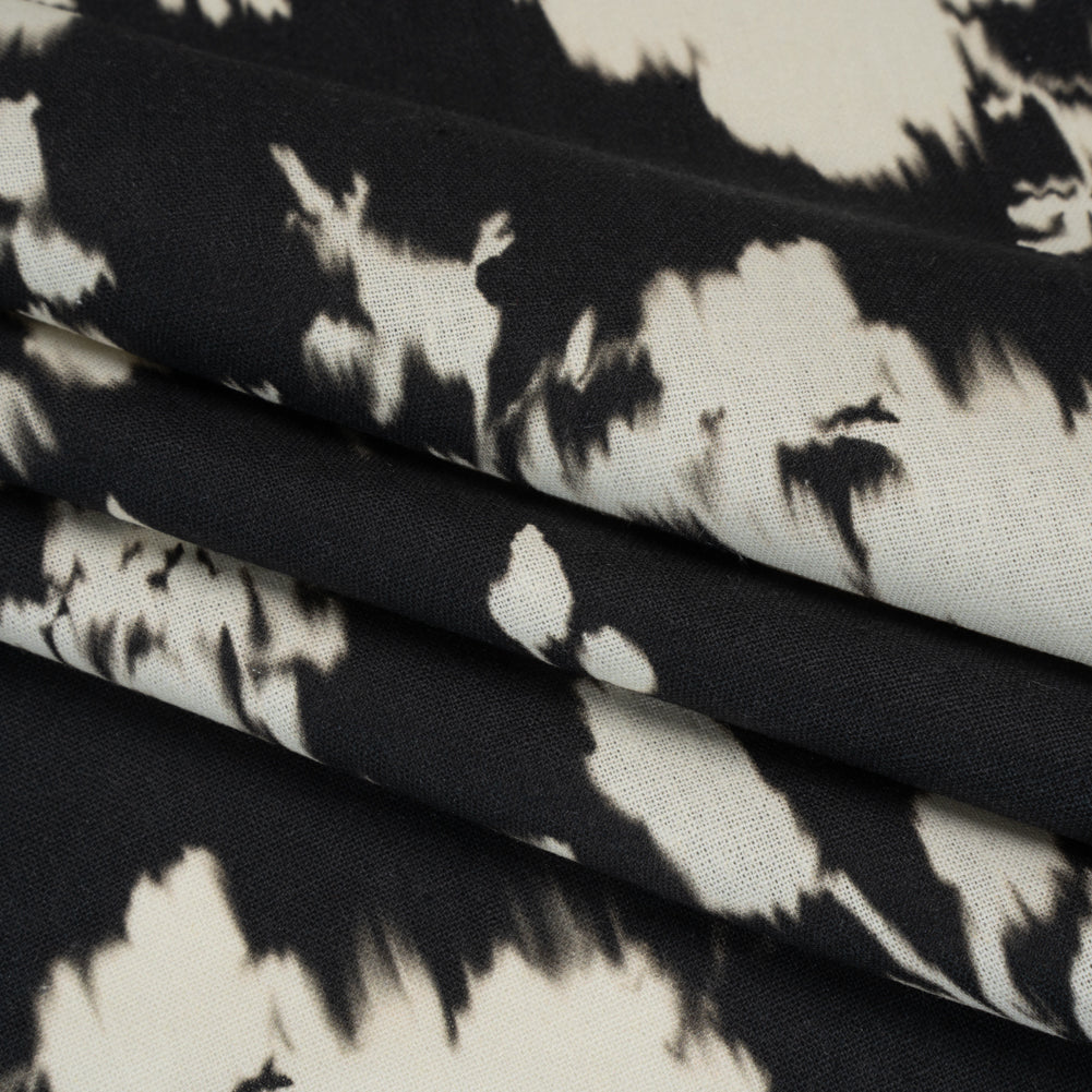 Linen and Rayon Woven - Black and Off White Ikat-Like Floral Silhouettes - Mood Exclusive Dahlia Daydreams Print - Folded