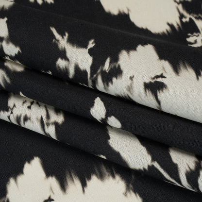 Linen and Rayon Woven - Black and Off White Ikat-Like Floral Silhouettes - Mood Exclusive Dahlia Daydreams Print