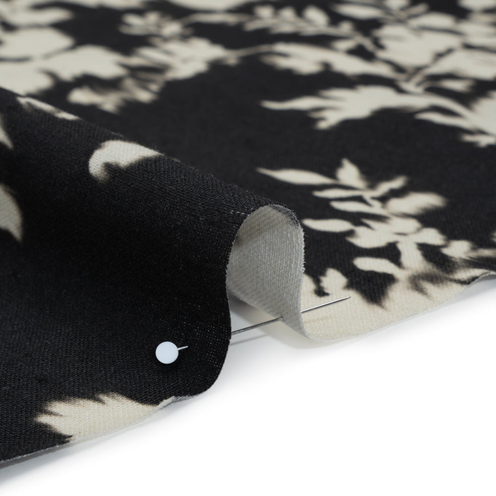 Linen and Rayon Woven - Black and Off White Ikat-Like Floral Silhouettes - Mood Exclusive Dahlia Daydreams Print - Detail