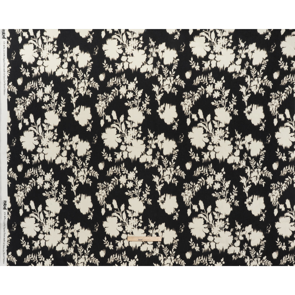 Linen and Rayon Woven - Black and Off White Ikat-Like Floral Silhouettes - Mood Exclusive Dahlia Daydreams Print - Full