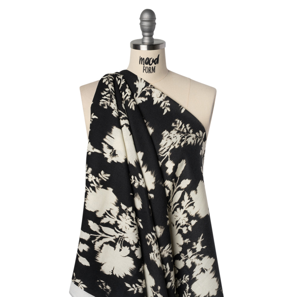 Linen and Rayon Woven - Black and Off White Ikat-Like Floral Silhouettes - Mood Exclusive Dahlia Daydreams Print - Drape