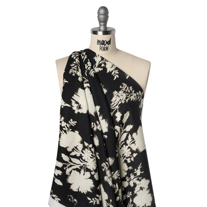 Linen and Rayon Woven - Black and Off White Ikat-Like Floral Silhouettes - Mood Exclusive Dahlia Daydreams Print