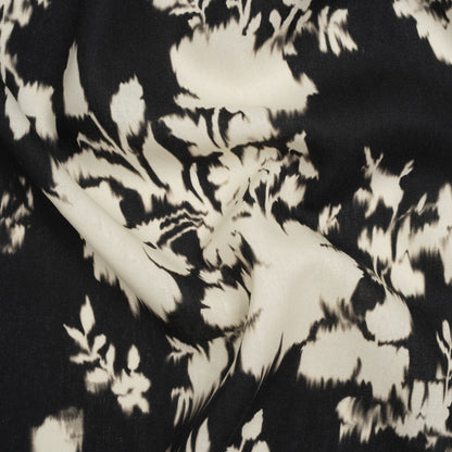 Linen and Rayon Woven - Black and Off White Ikat-Like Floral Silhouettes - Mood Exclusive Dahlia Daydreams Print