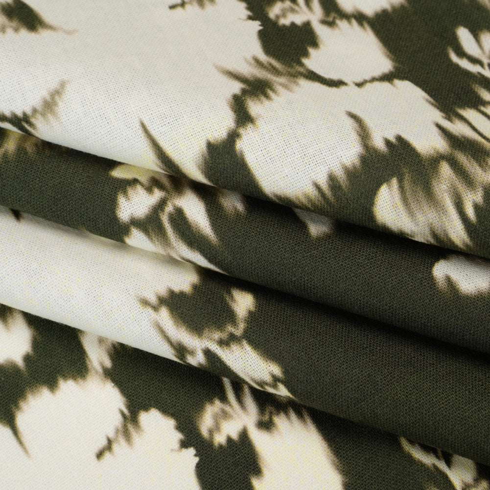 Linen and Rayon Woven - Forest Green and Off White Ikat-Like Floral Silhouettes - Mood Exclusive Dahlia Daydreams Print - Folded