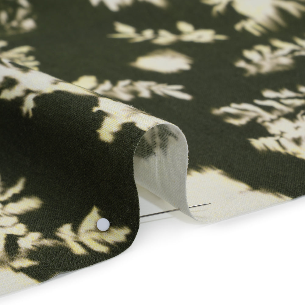 Linen and Rayon Woven - Forest Green and Off White Ikat-Like Floral Silhouettes - Mood Exclusive Dahlia Daydreams Print - Detail