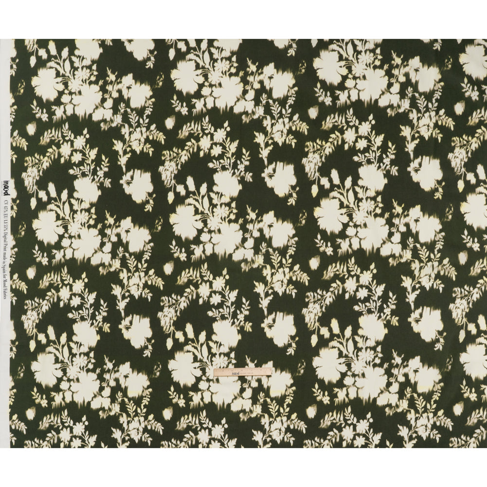 Linen and Rayon Woven - Forest Green and Off White Ikat-Like Floral Silhouettes - Mood Exclusive Dahlia Daydreams Print - Full