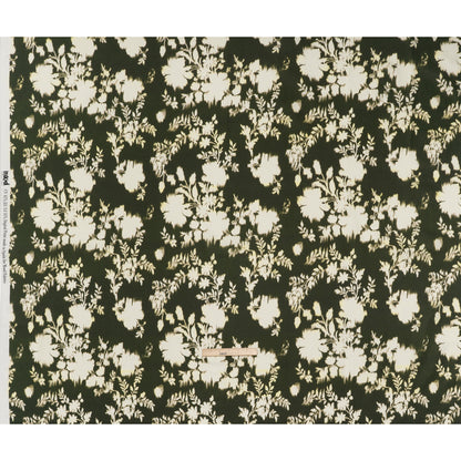 Linen and Rayon Woven - Forest Green and Off White Ikat-Like Floral Silhouettes - Mood Exclusive Dahlia Daydreams Print