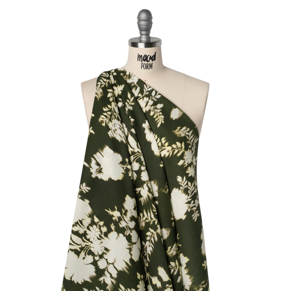Linen and Rayon Woven - Forest Green and Off White Ikat-Like Floral Silhouettes - Mood Exclusive Dahlia Daydreams Print - Drape