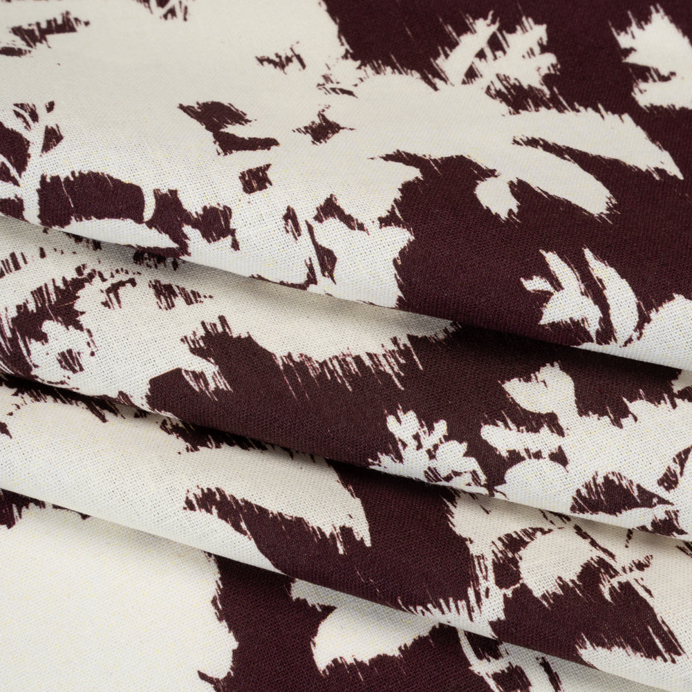 Linen and Rayon Woven - Grape Wine and Off White Ikat-Inspired Floral Silhouettes - Mood Exclusive Summer Sketches Print - Folded