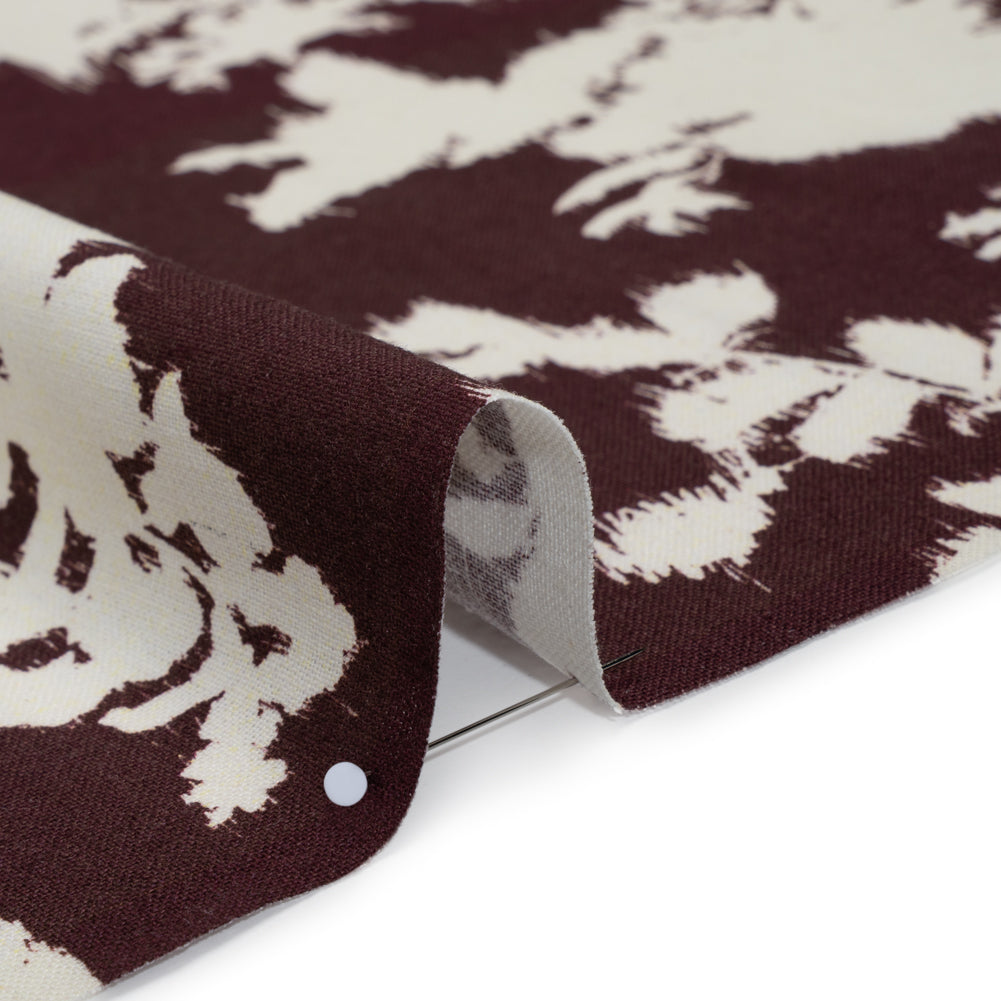 Linen and Rayon Woven - Grape Wine and Off White Ikat-Inspired Floral Silhouettes - Mood Exclusive Summer Sketches Print - Detail