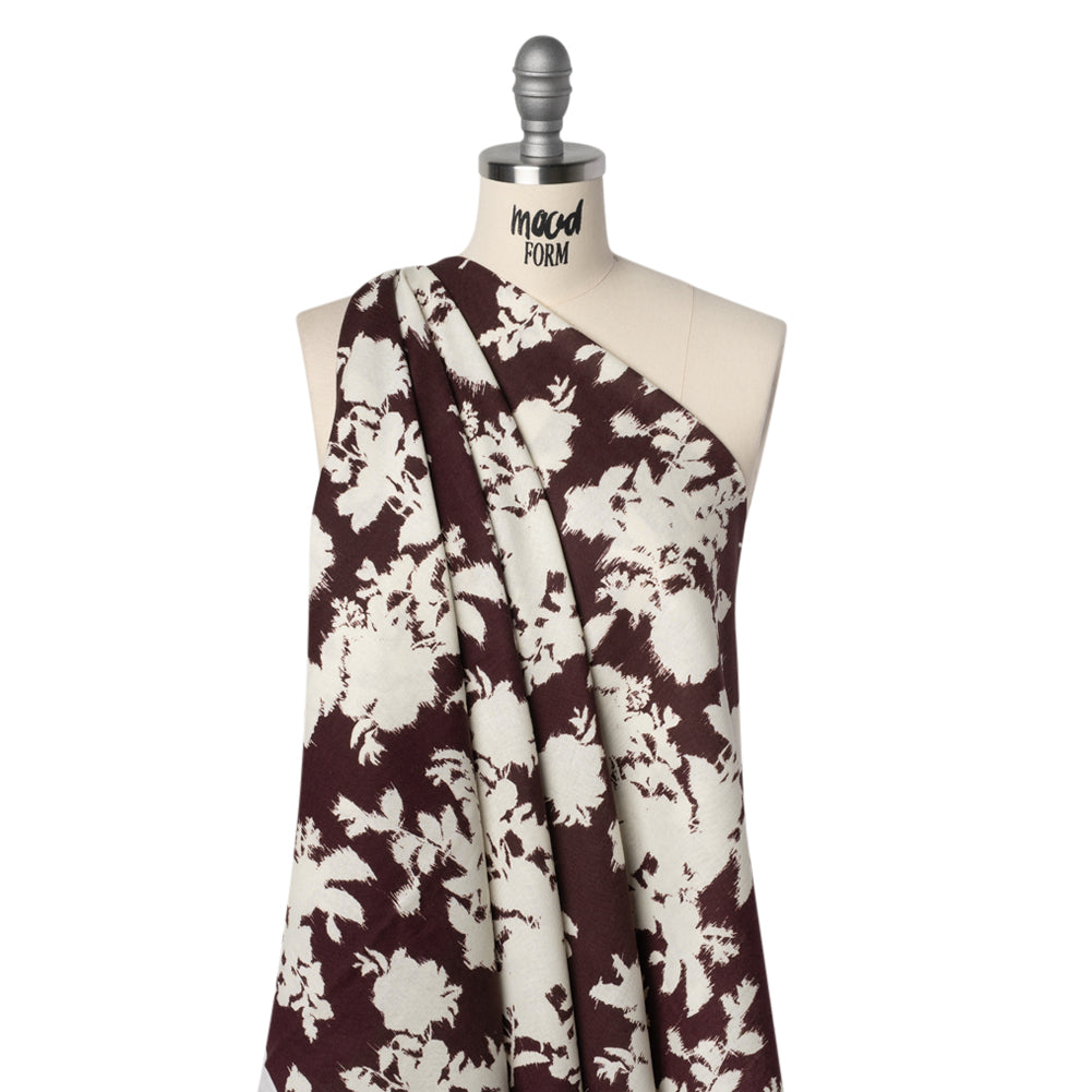 Linen and Rayon Woven - Grape Wine and Off White Ikat-Inspired Floral Silhouettes - Mood Exclusive Summer Sketches Print - Drape