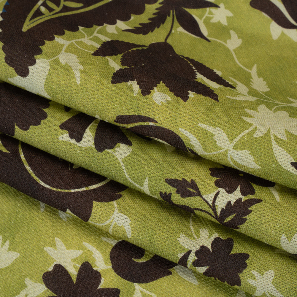 Linen and Rayon Woven - Kiwi Green and Dark Brown Paisley and Vines - Mood Exclusive Groovy Grove Print - Folded