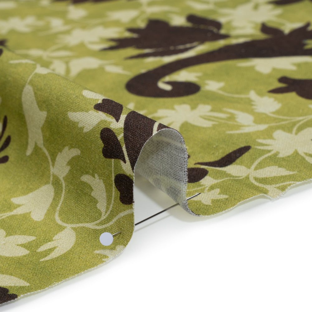Linen and Rayon Woven - Kiwi Green and Dark Brown Paisley and Vines - Mood Exclusive Groovy Grove Print - Detail