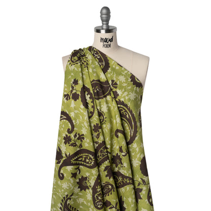 Linen and Rayon Woven - Kiwi Green and Dark Brown Paisley and Vines - Mood Exclusive Groovy Grove Print