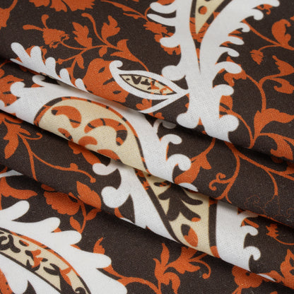 Linen and Rayon Woven - Dark Brown, Pumpkin Orange and White Paisley and Floral Vines - Mood Exclusive Blooming Boogie Print