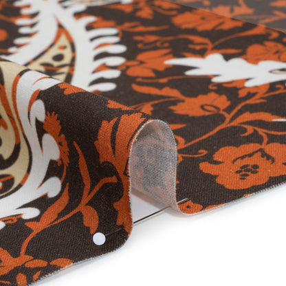 Linen and Rayon Woven - Dark Brown, Pumpkin Orange and White Paisley and Floral Vines - Mood Exclusive Blooming Boogie Print