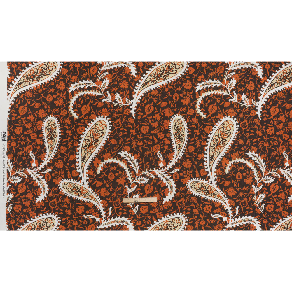 Linen and Rayon Woven - Dark Brown, Pumpkin Orange and White Paisley and Floral Vines - Mood Exclusive Blooming Boogie Print - Full