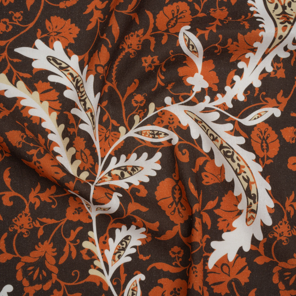 Linen and Rayon Woven - Dark Brown, Pumpkin Orange and White Paisley and Floral Vines - Mood Exclusive Blooming Boogie Print