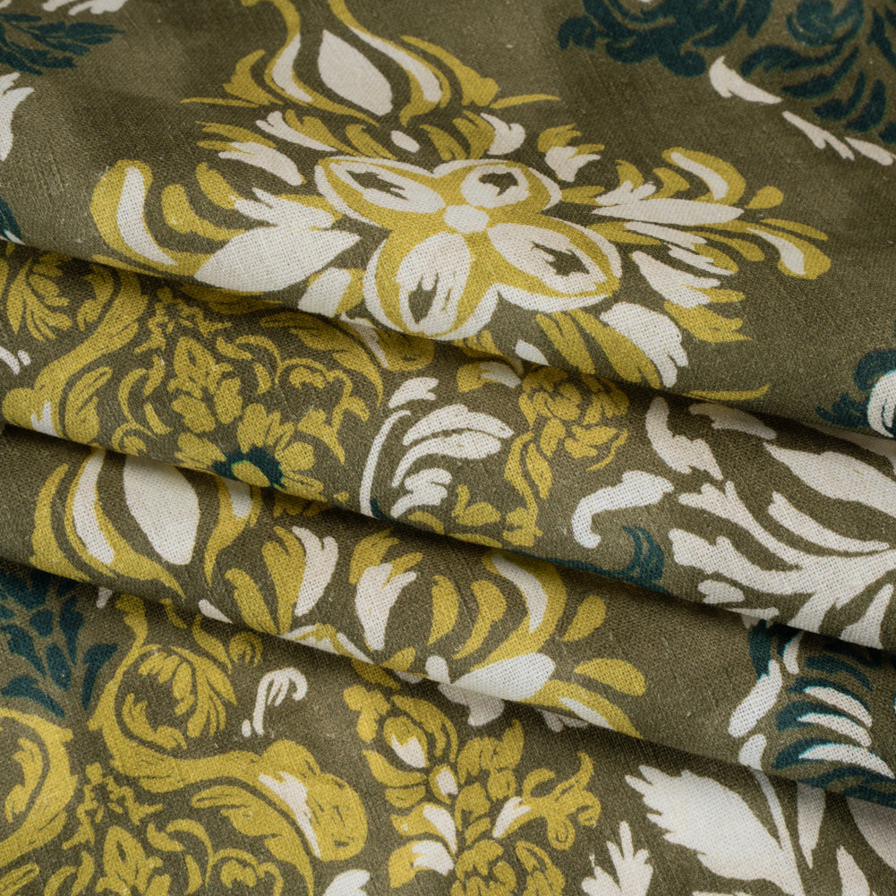 Linen and Rayon Woven - Olive, Lime Green and Cream Floral Diamonds - Mood Exclusive Fleur Filigree Print - Folded