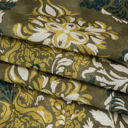 Linen and Rayon Woven - Olive, Lime Green and Cream Floral Diamonds - Mood Exclusive Fleur Filigree Print