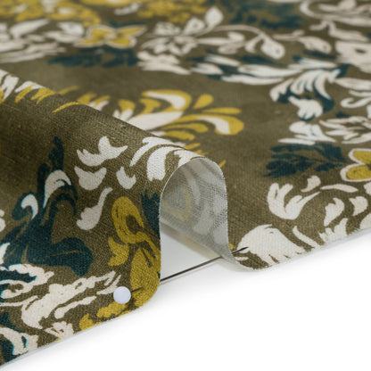 Linen and Rayon Woven - Olive, Lime Green and Cream Floral Diamonds - Mood Exclusive Fleur Filigree Print