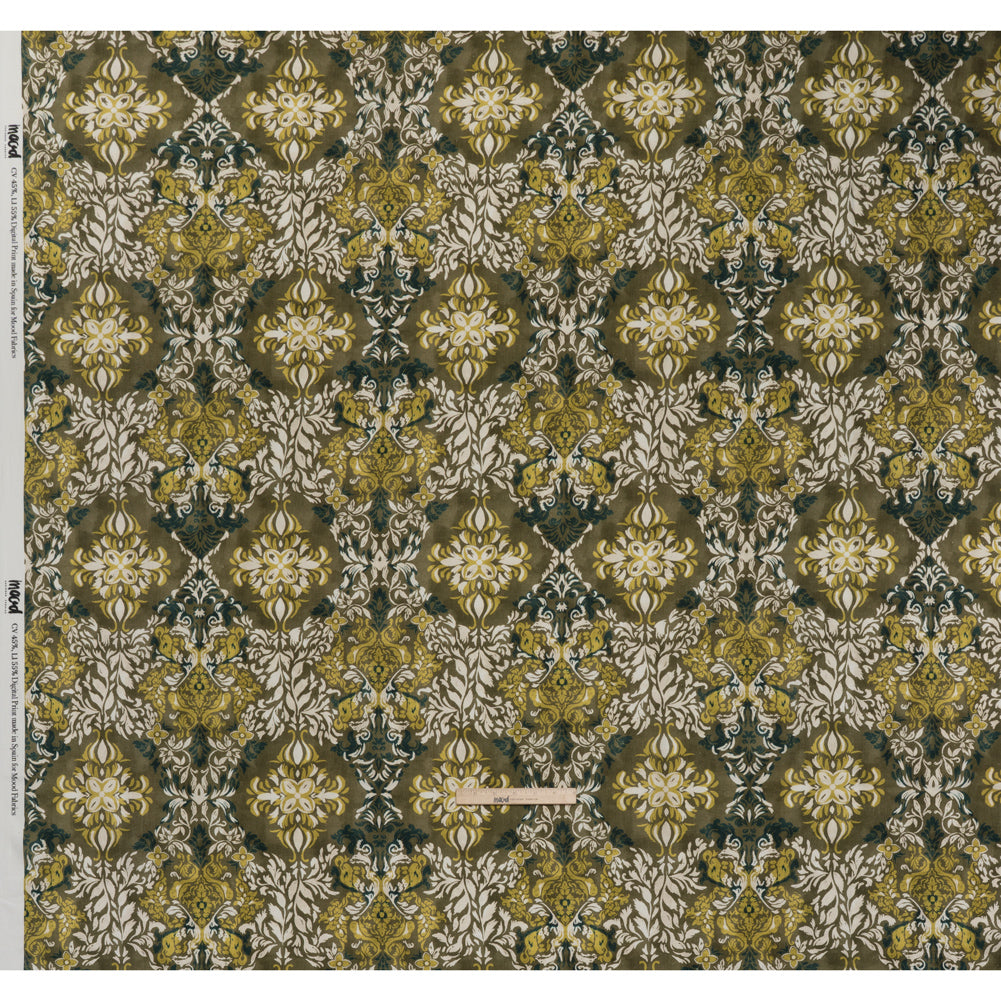 Linen and Rayon Woven - Olive, Lime Green and Cream Floral Diamonds - Mood Exclusive Fleur Filigree Print - Full