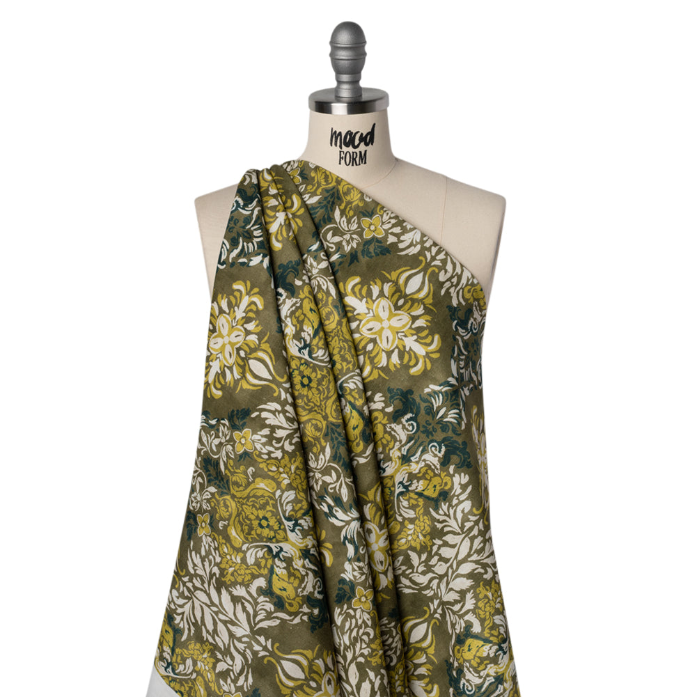 Linen and Rayon Woven - Olive, Lime Green and Cream Floral Diamonds - Mood Exclusive Fleur Filigree Print - Drape