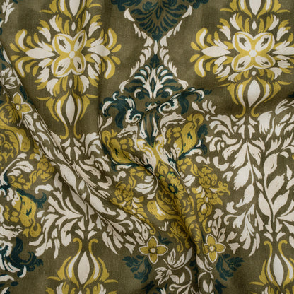 Linen and Rayon Woven - Olive, Lime Green and Cream Floral Diamonds - Mood Exclusive Fleur Filigree Print