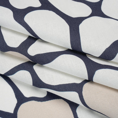 Linen and Rayon Woven - Dark Blue, White and Beige Abstract Daisies - Mood Exclusive Dilly-Dally Daisies Print