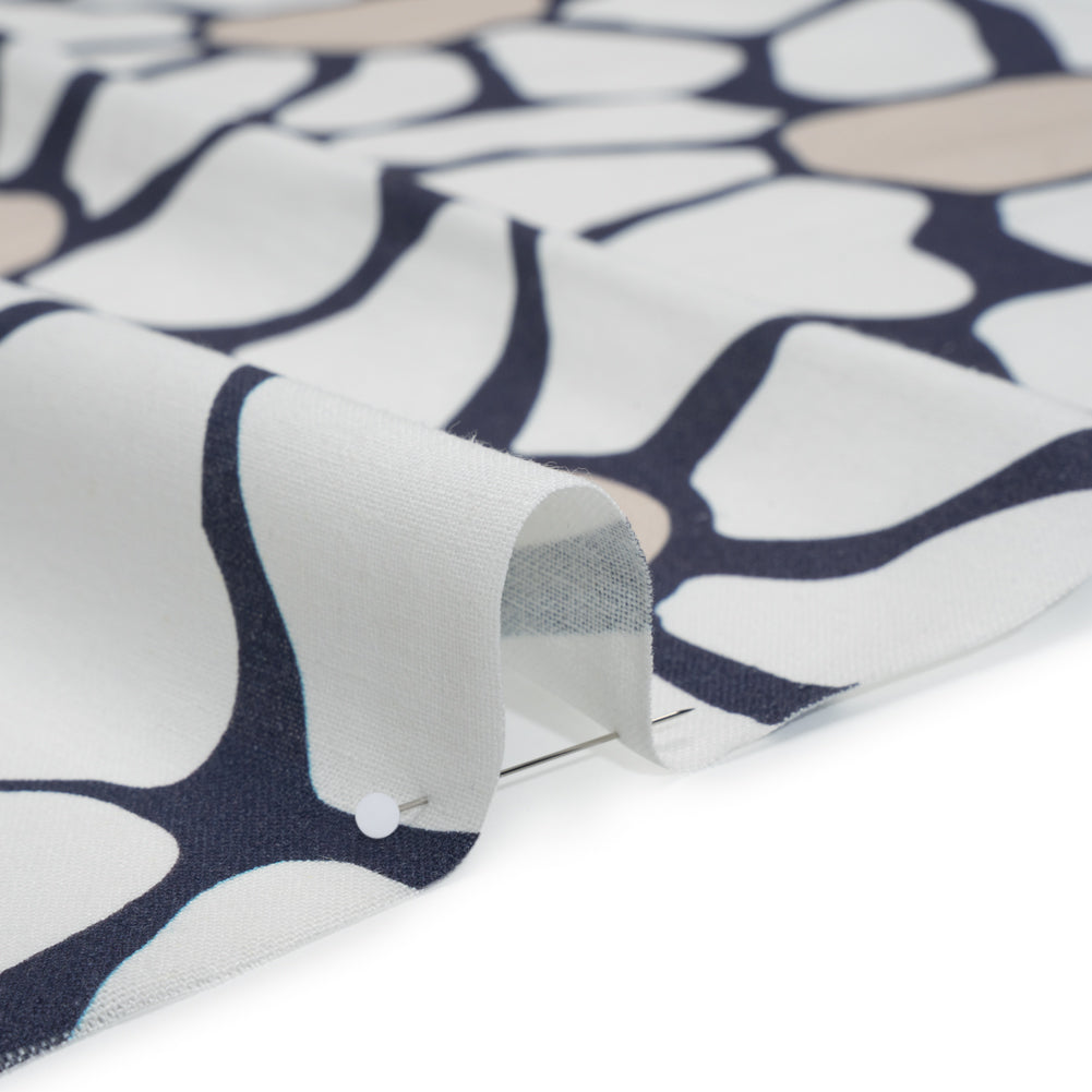 Linen and Rayon Woven - Dark Blue, White and Beige Abstract Daisies - Mood Exclusive Dilly-Dally Daisies Print - Detail