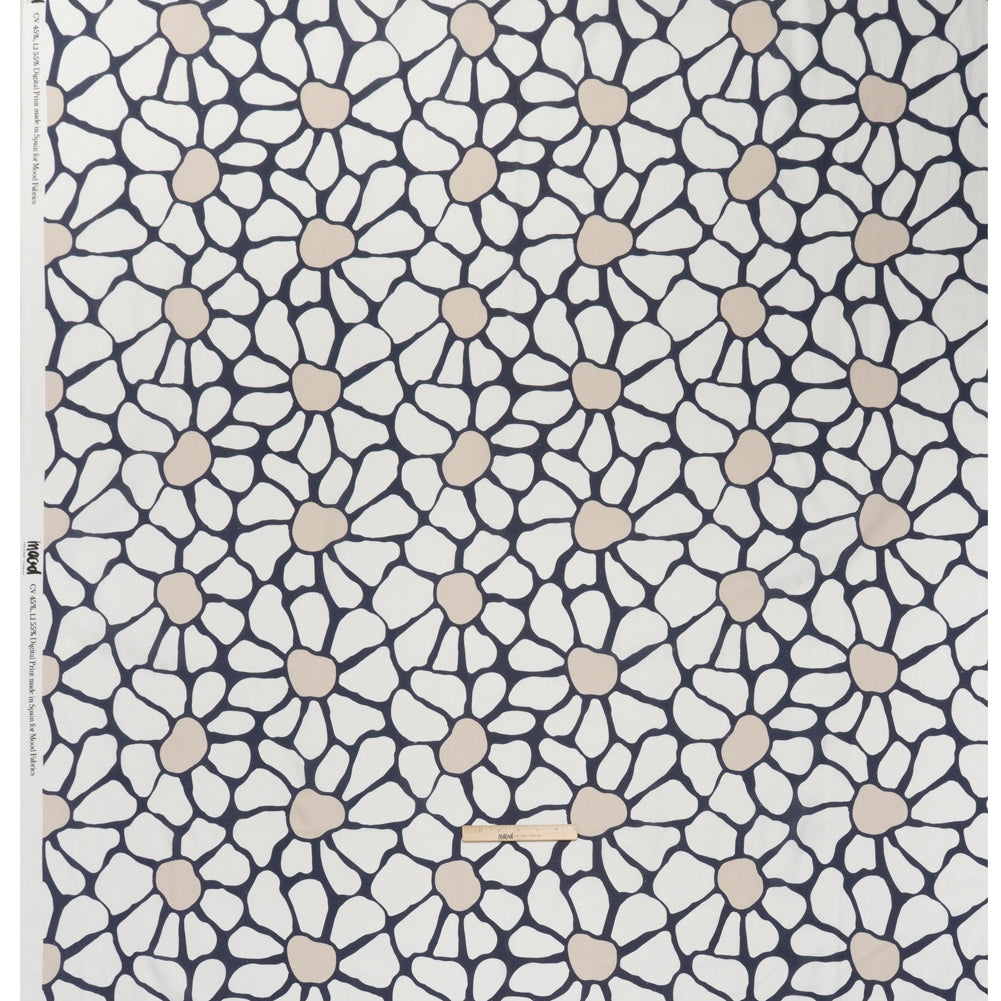 Linen and Rayon Woven - Dark Blue, White and Beige Abstract Daisies - Mood Exclusive Dilly-Dally Daisies Print - Full