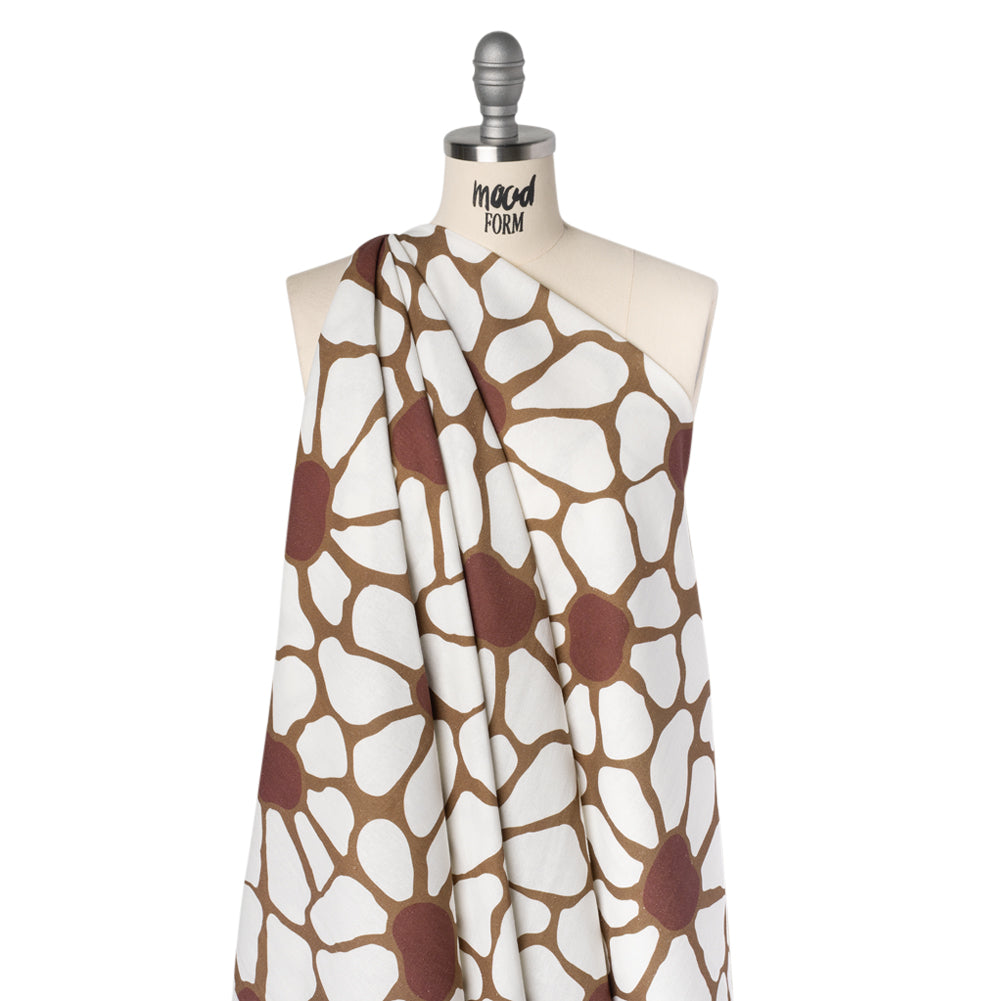 Linen and Rayon Woven - Brown, Cream and Burgundy Abstract Daisies - Mood Exclusive Dilly-Dally Daisies Print - Drape