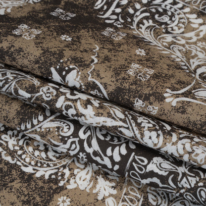 Linen and Rayon Woven - Dark Brown, Beige and White Floral Patches - Mood Exclusive Earthly Envy Print