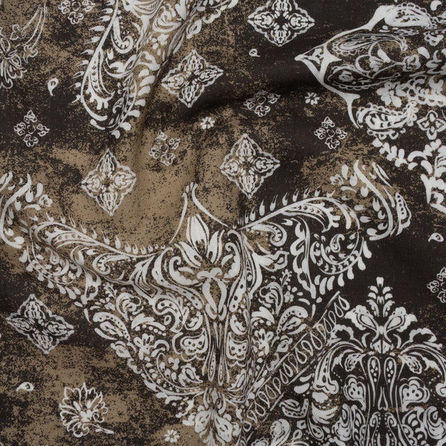 Linen and Rayon Woven - Dark Brown, Beige and White Floral Patches - Mood Exclusive Earthly Envy Print