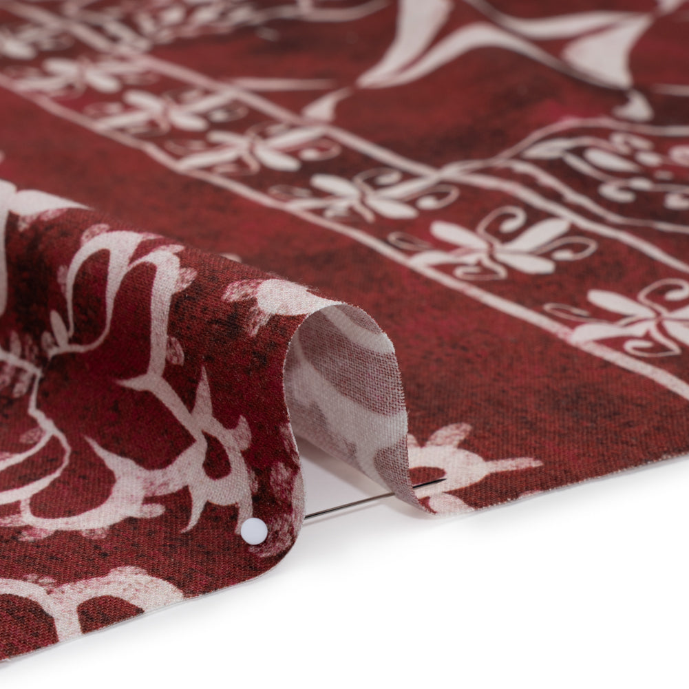 Linen and Rayon Woven - Dark Red and White Checks and Flowers Patchwork - Mood Exclusive Magnolia Mosaic Print - Detail