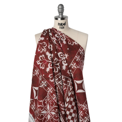 Linen and Rayon Woven - Dark Red and White Checks and Flowers Patchwork - Mood Exclusive Magnolia Mosaic Print
