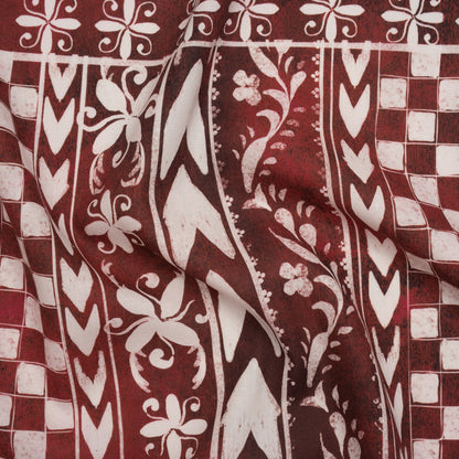 Linen and Rayon Woven - Dark Red and White Checks and Flowers Patchwork - Mood Exclusive Magnolia Mosaic Print