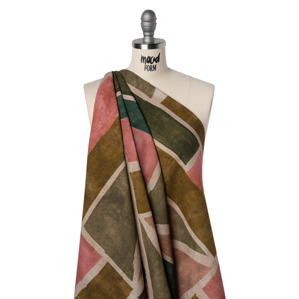 Linen and Rayon Woven - Dark Green, Muted Pink and Beige Painted Shapes - Mood Exclusive Euclid’s Canvas Print - Drape