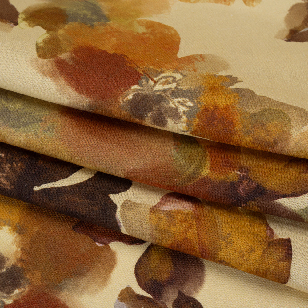 Linen and Rayon Woven - Pale Yellow, Burnt Orange and Brick Painterly Florals - Mood Exclusive Sunwashed Serenade Print - Folded