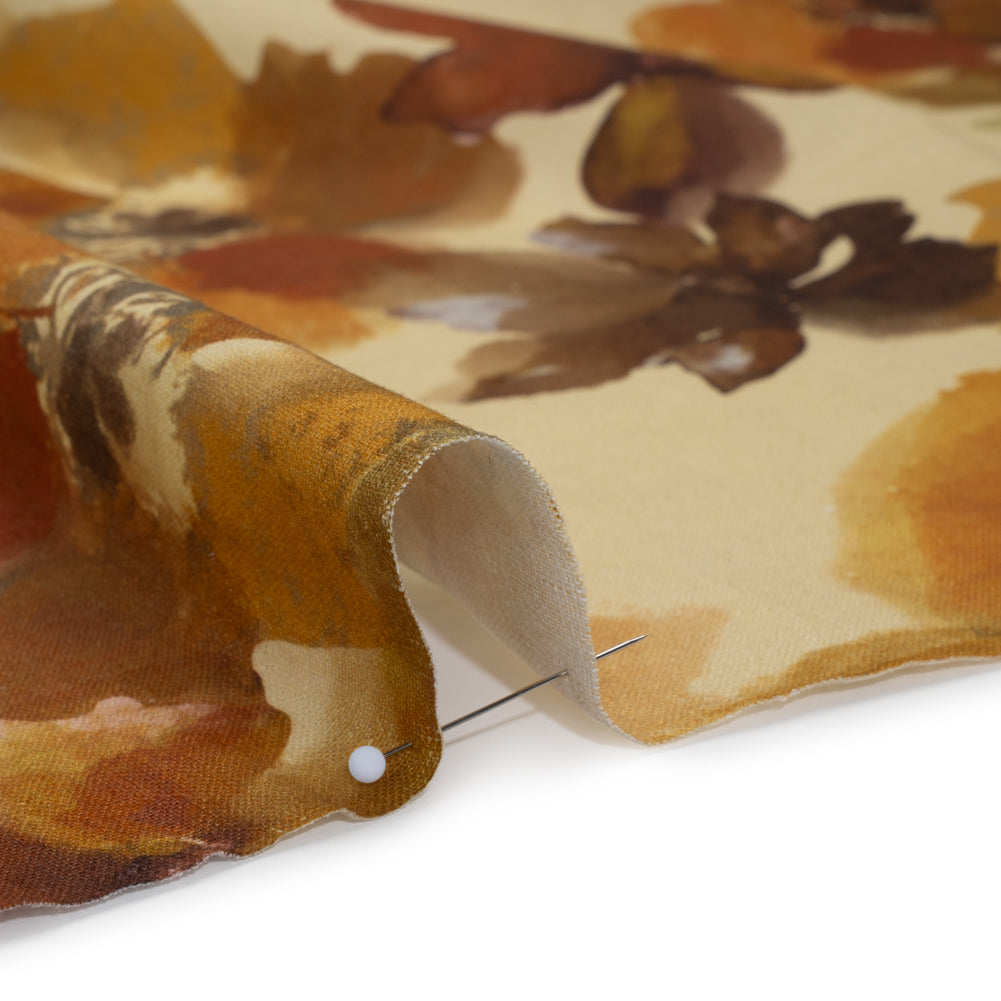 Linen and Rayon Woven - Pale Yellow, Burnt Orange and Brick Painterly Florals - Mood Exclusive Sunwashed Serenade Print - Detail