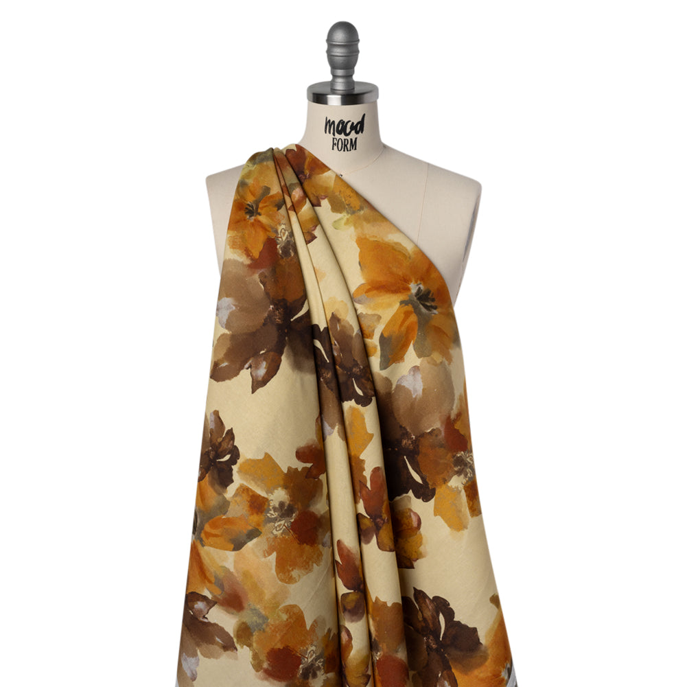 Linen and Rayon Woven - Pale Yellow, Burnt Orange and Brick Painterly Florals - Mood Exclusive Sunwashed Serenade Print - Drape