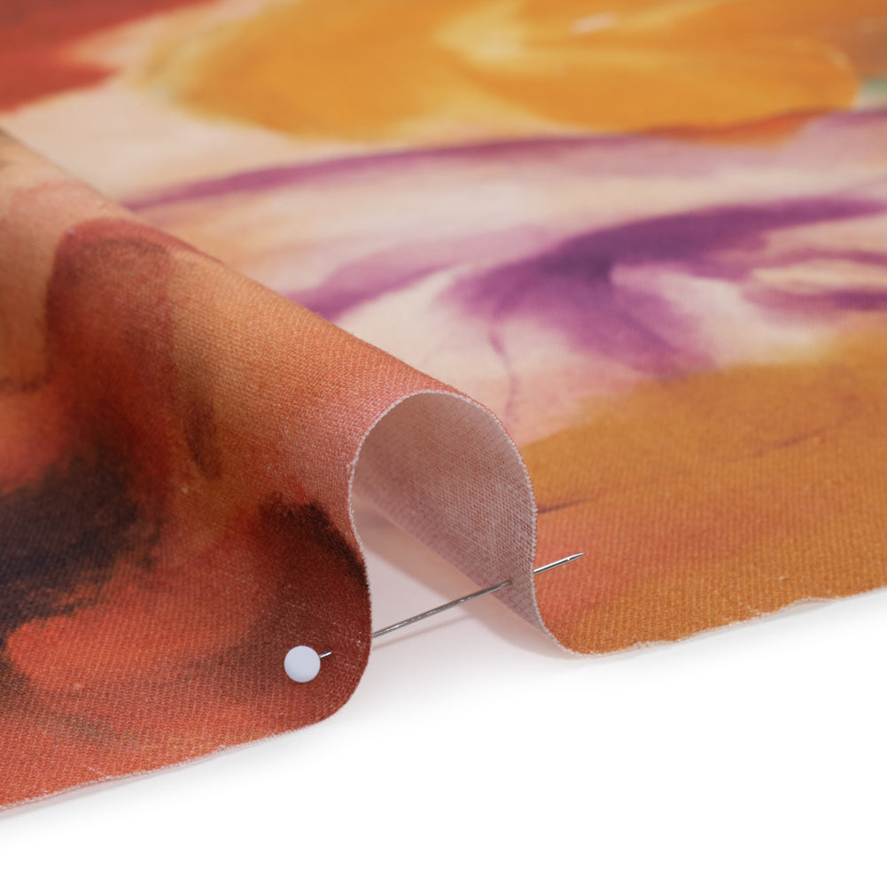 Linen and Rayon Woven - Golden Orange, Red and Purple Soft Flowers - Mood Exclusive Drifting Dreams Print - Detail