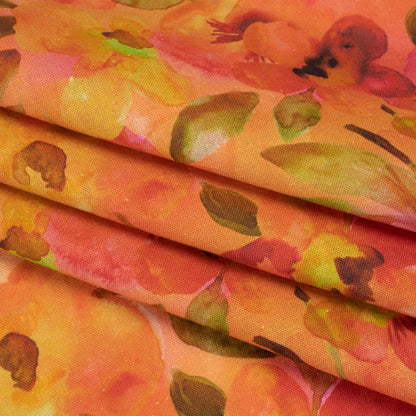 Linen and Rayon Woven - Orange, Pink and Olive Green Watercolor Flowers - Mood Exclusive Pick Your Posy Print