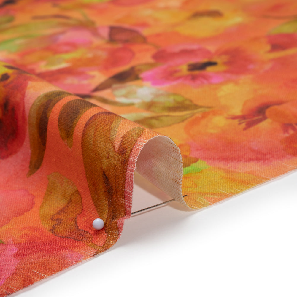 Linen and Rayon Woven - Orange, Pink and Olive Green Watercolor Flowers - Mood Exclusive Pick Your Posy Print - Detail