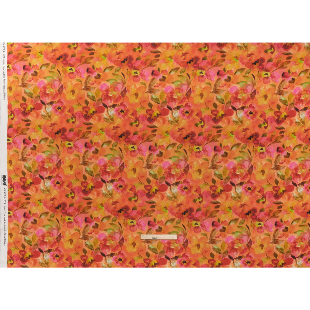 Linen and Rayon Woven - Orange, Pink and Olive Green Watercolor Flowers - Mood Exclusive Pick Your Posy Print - Full