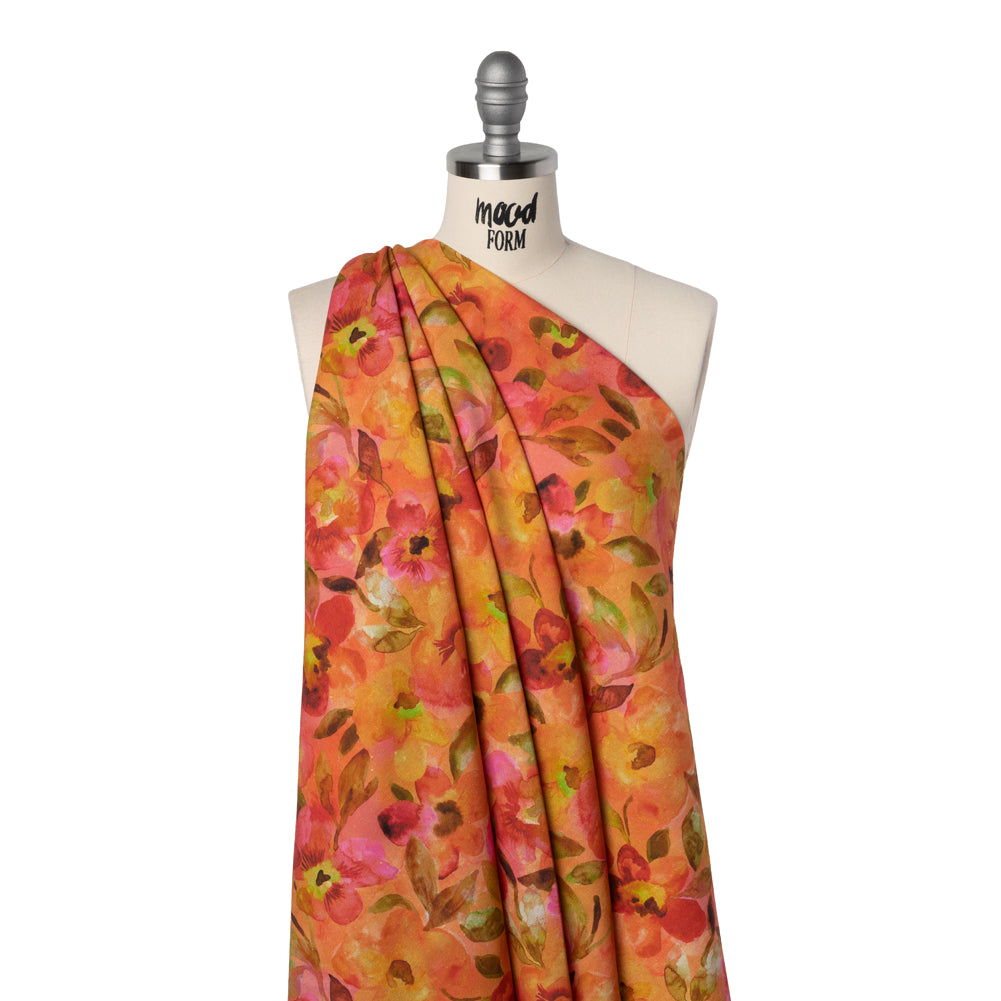 Linen and Rayon Woven - Orange, Pink and Olive Green Watercolor Flowers - Mood Exclusive Pick Your Posy Print - Drape