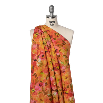 Linen and Rayon Woven - Orange, Pink and Olive Green Watercolor Flowers - Mood Exclusive Pick Your Posy Print