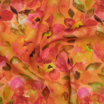 Linen and Rayon Woven - Orange, Pink and Olive Green Watercolor Flowers - Mood Exclusive Pick Your Posy Print